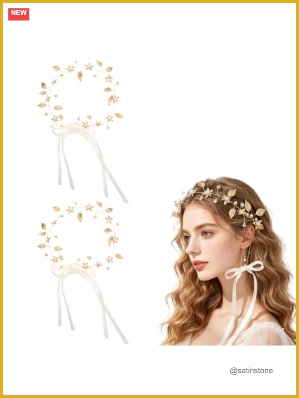 2Pc Gold Leaf Pearl Headband Set Wedding Bridal Boho Hair Piece